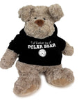 A plush dog with shaggy light brown fur wearing a black hoodie that says 'I'd Rather Be A POLAR BEAR' in white text with a polar bear graphic.
