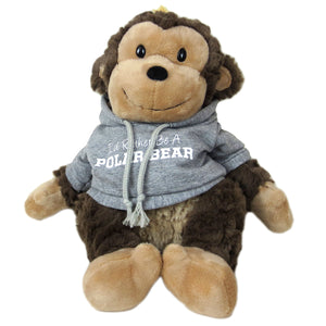 Plush brown monkey in grey hoodie.