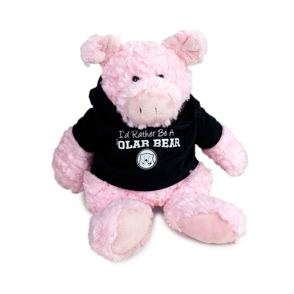 Pink plush pig wearing a black hoodie with text "I'd Rather Be A Polar Bear" on a white background