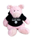Pink plush pig wearing a black hoodie with text "I'd Rather Be A Polar Bear" on a white background