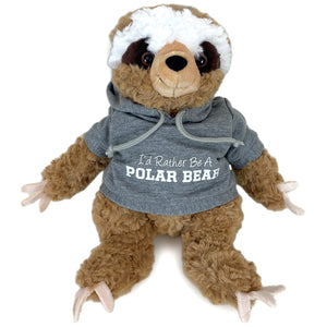 Plush sloth in grey hoodie.