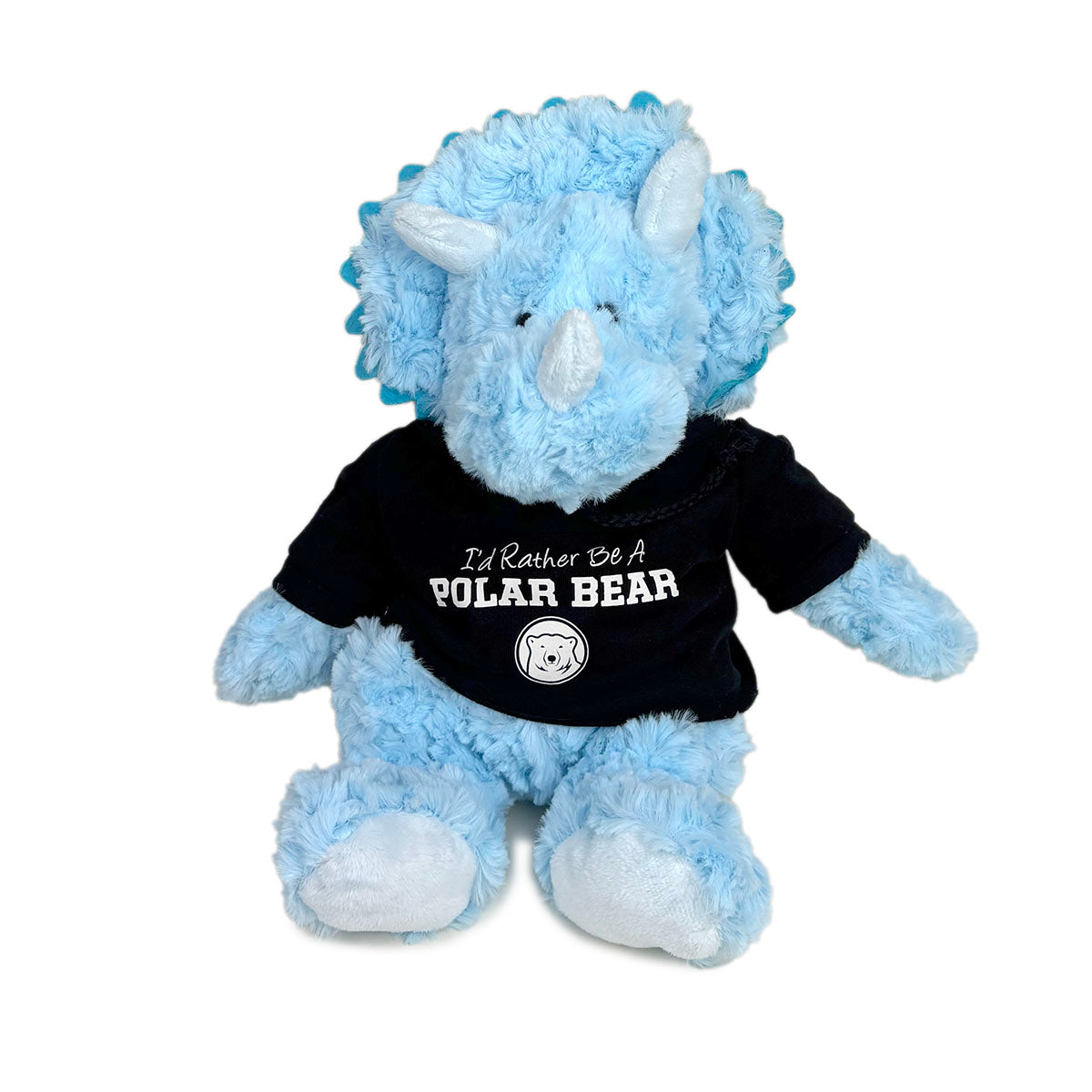 Blue stuffed triceratops wearing a black hoodie with "I'd Rather Be A Polar Bear" text on a white background
