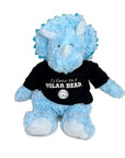 Blue stuffed triceratops wearing a black hoodie with "I'd Rather Be A Polar Bear" text on a white background