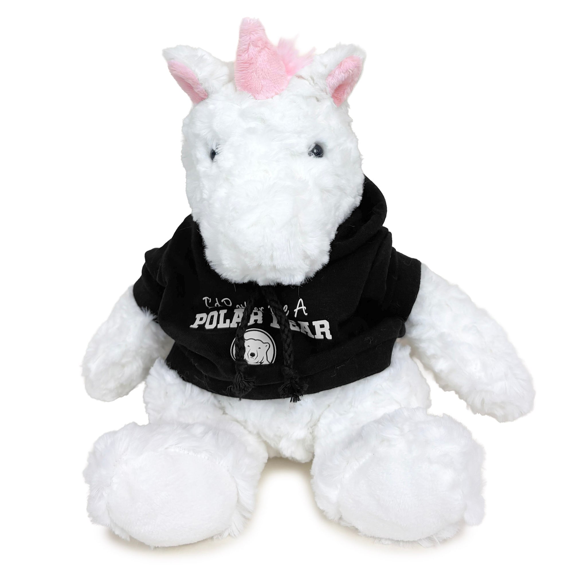 A white plush unicorn toy with a pink horn, wearing a black hoodie with white text that reads 'I'd Rather Be A POLAR BEAR' and a polar bear logo.