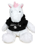 A white plush unicorn toy with a pink horn, wearing a black hoodie with white text that reads 'I'd Rather Be A POLAR BEAR' and a polar bear logo.