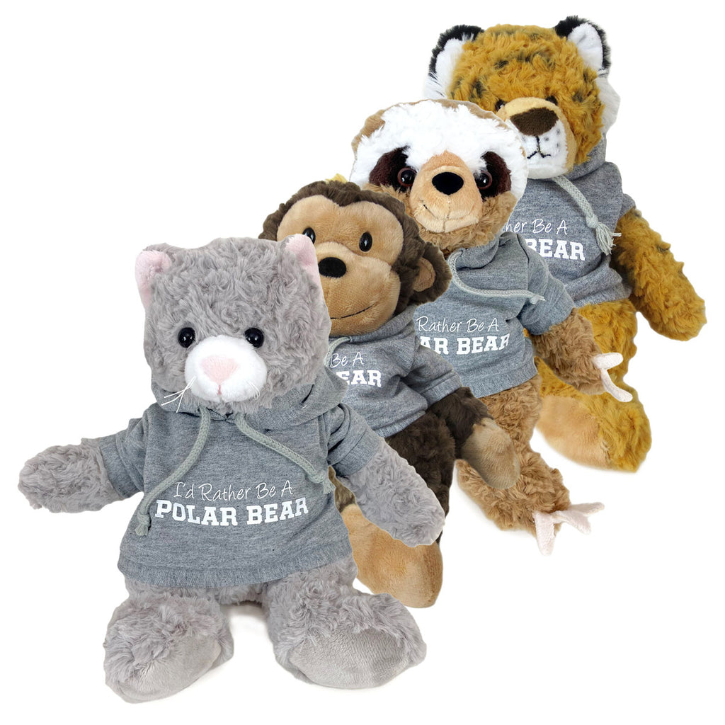 Plush cat, monkey, sloth, and tiger, all wearing grey sweatshirts with the words "I'd rather be a Polar Bear"