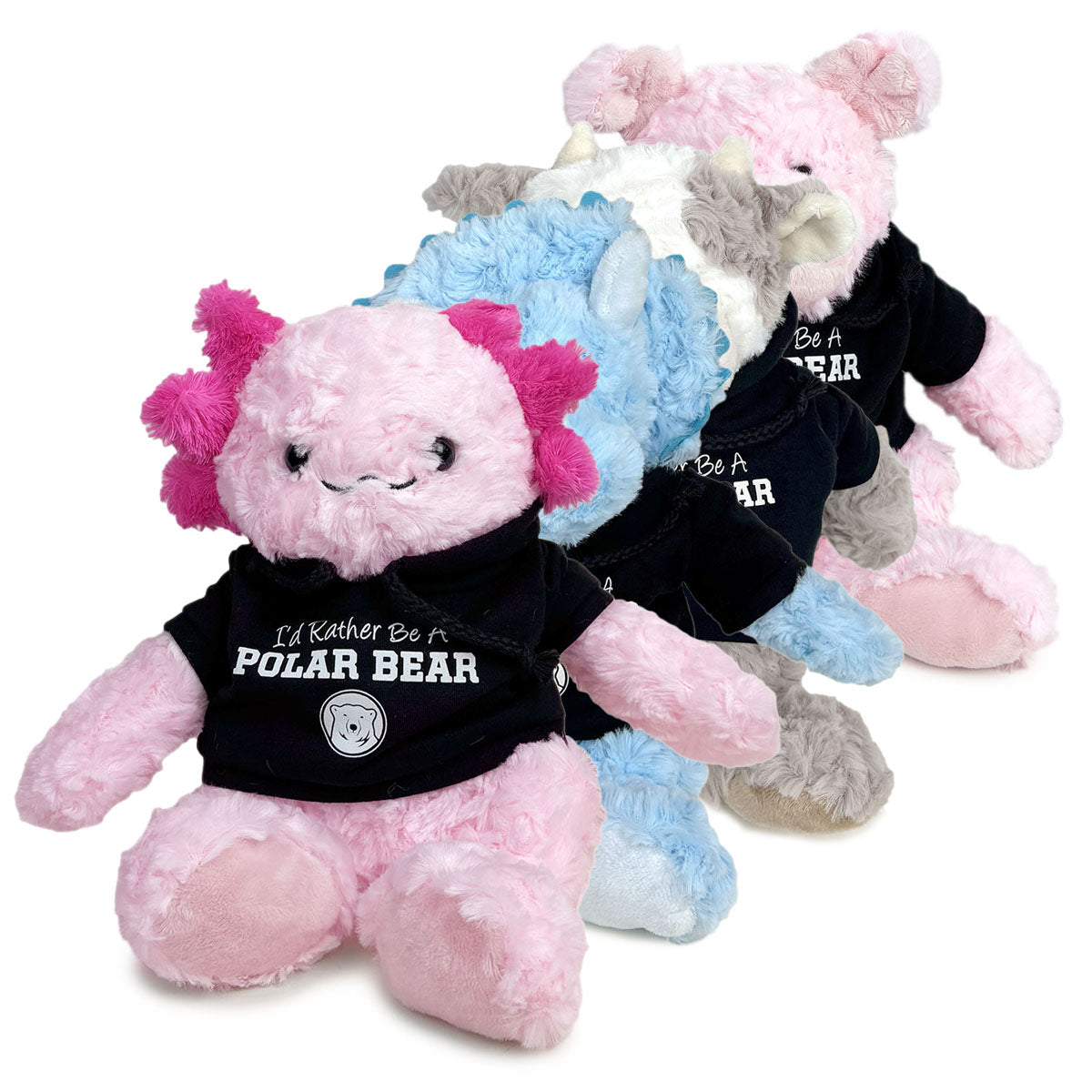 A group of various plush animal toys in black hoodies that read "I'd Rather Be A Polar Bear".
