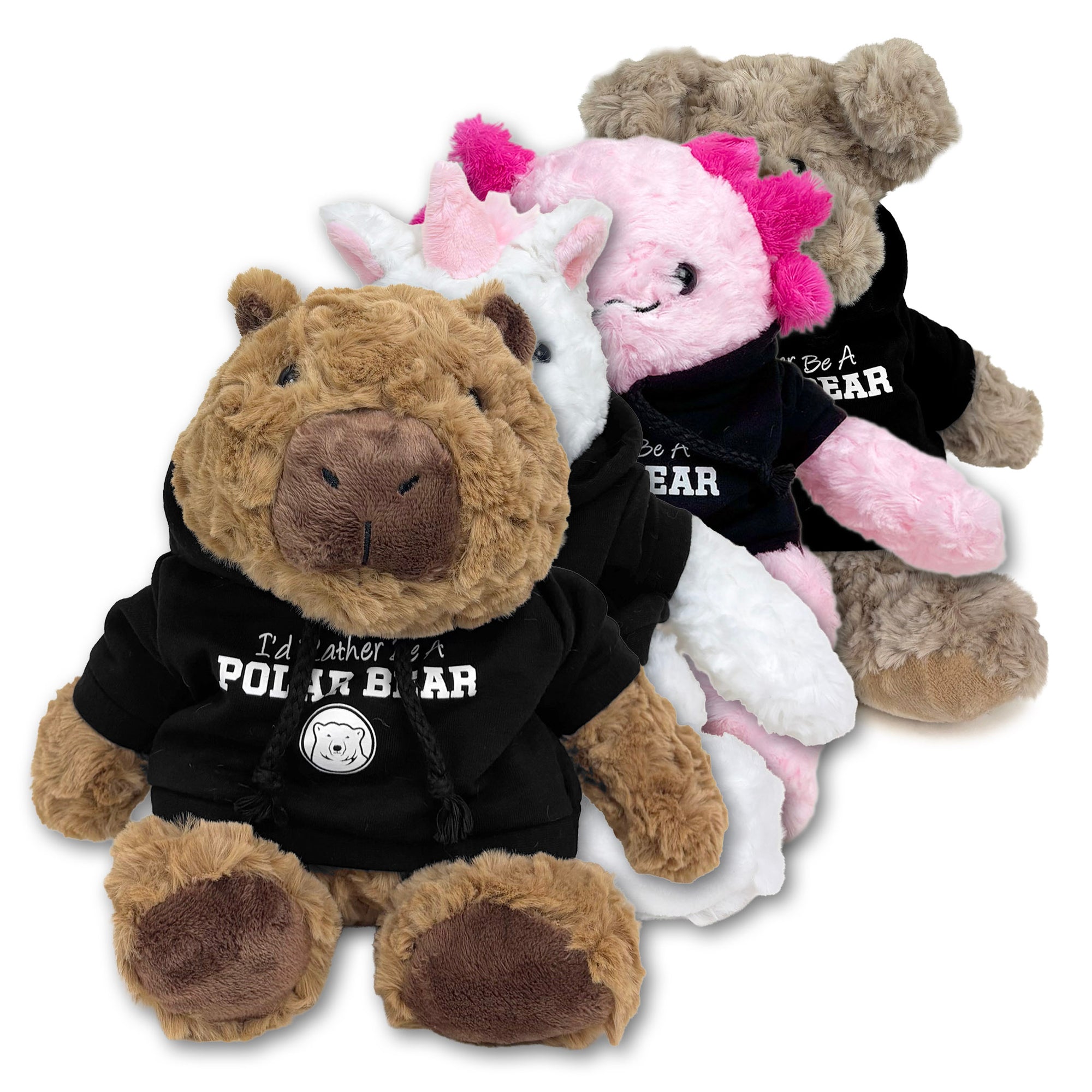 Four plush animal toys wearing black hoodies with white text, arranged together on a white background. The front toy is a brown capybara, the second toy is a white unicorn with pink accents, the third toy is a pink axolotl, and the rear toy is a tan dog.