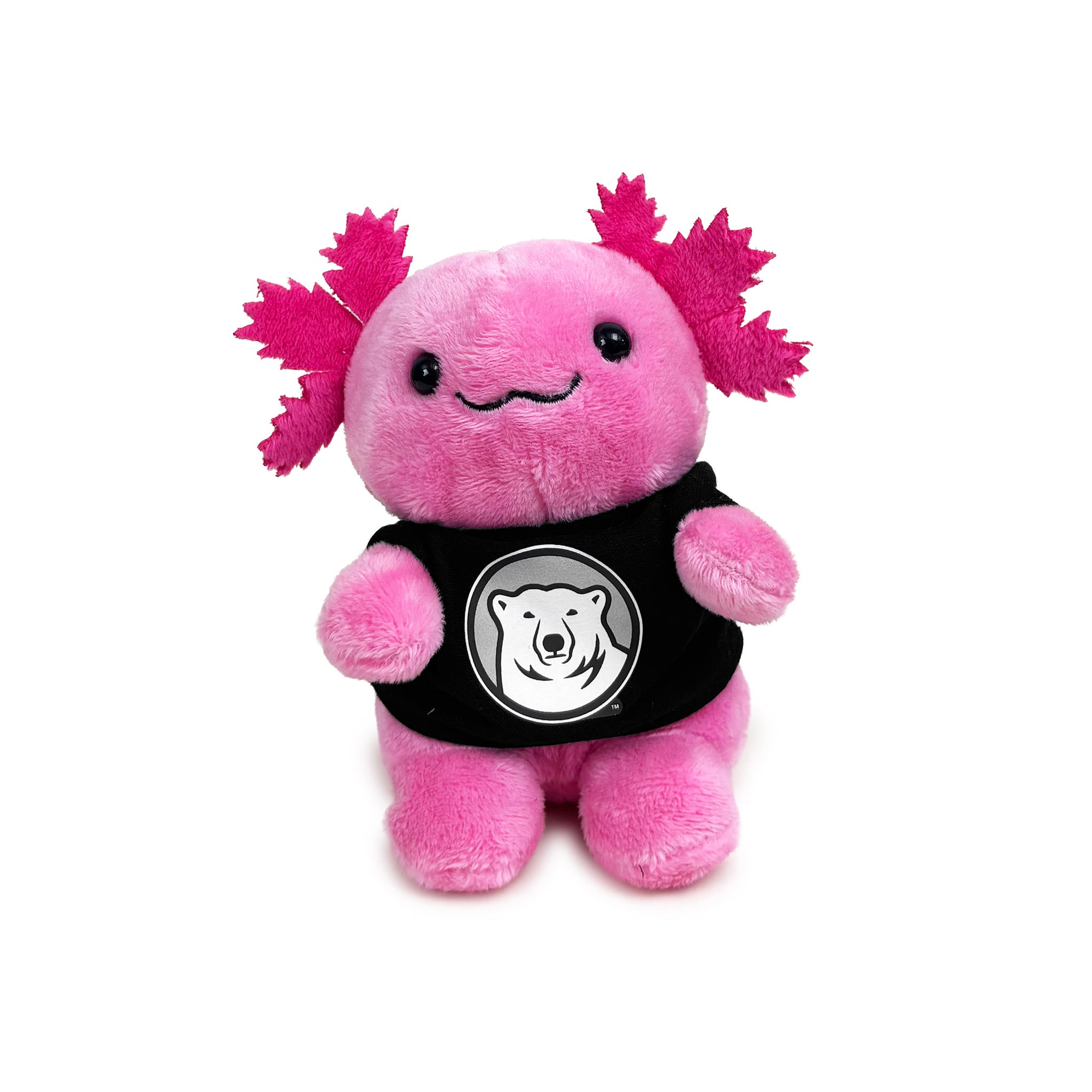 A pink plush axolotl with bright magenta felt head fins and a black shirt featuring a circular silver polar bear logo, set against a plain white background.