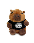 A plush capybara toy wearing a black shirt with a white polar bear logo, photographed against a plain white background.