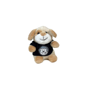 Small, stubby plush tan dog in black T-shirt decorated with Bowdoin mascot medallion.