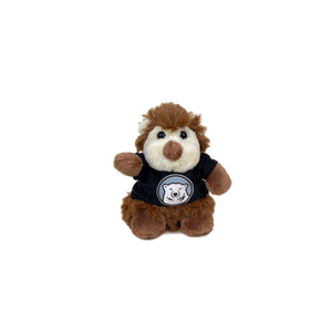 Small, stubby plush brown hedgehog in black T-shirt decorated with Bowdoin mascot medallion.