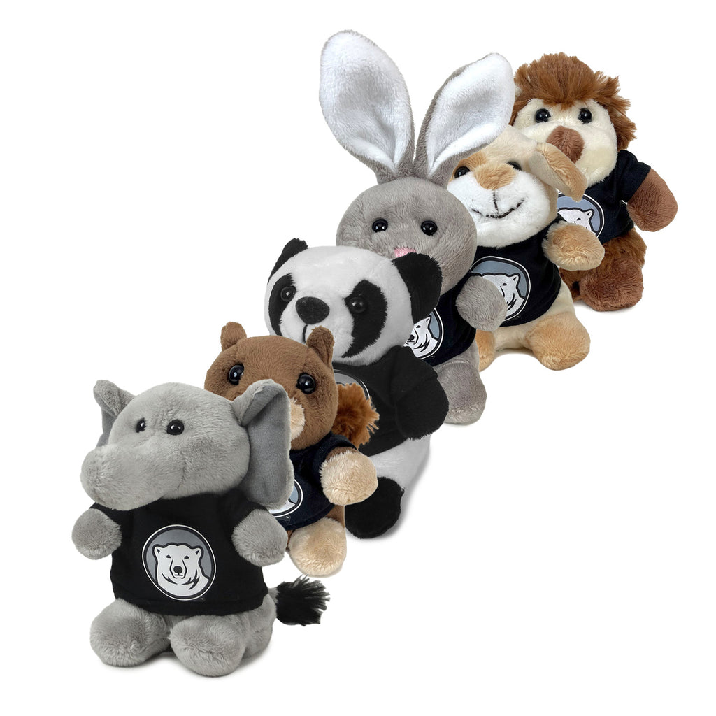 Tiny stuffed plush elephant, squirrel, panda, rabbit, dog, and hedgehog.