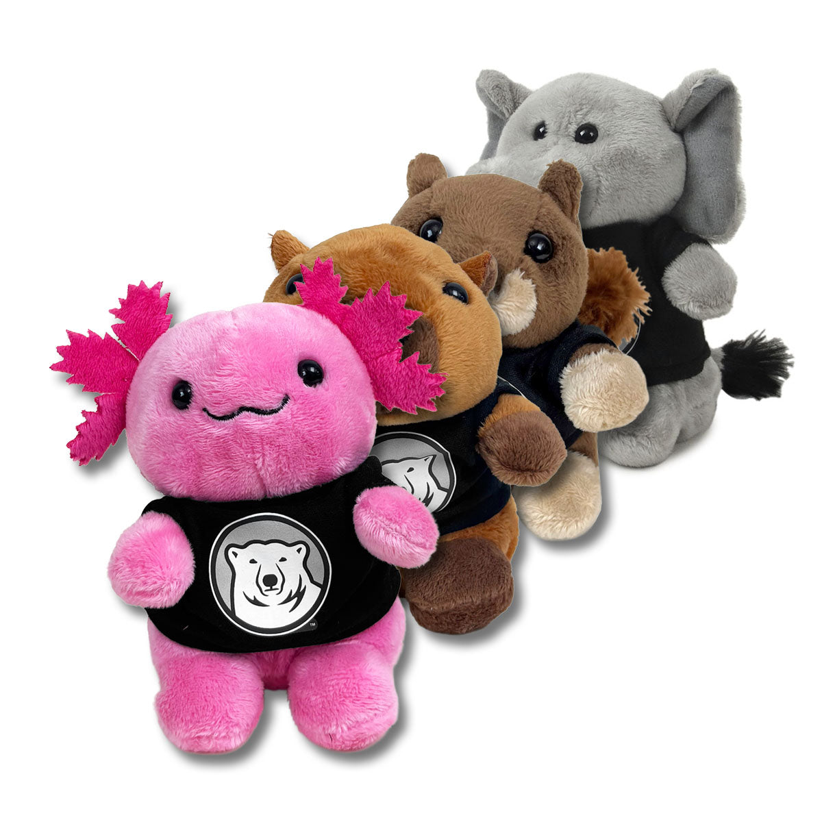 Four plush animal toys arranged in a row on a white background: a pink axolotl wearing a black shirt with a polar bear logo, a brown capybara wearing a black shirt, a gray elephant wearing a black shirt, and a brown squirrel wearing a black shirt