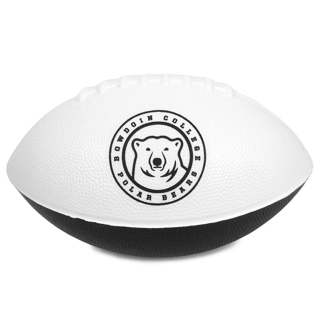 Half-black, half-white toy football with imprint of Bowdoin mascot medallion surrounded by text BOWDOIN COLLEGE POLAR BEARS on white half.