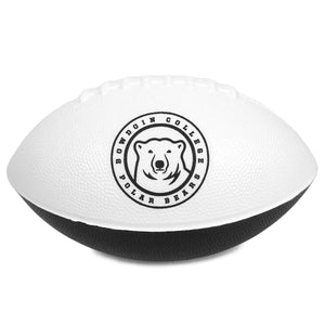 Half-black, half-white toy football with imprint of Bowdoin mascot medallion surrounded by text BOWDOIN COLLEGE POLAR BEARS on white half.