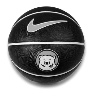 Black toy basketball with Nike Swoosh in grey and white over a black, white, and grey mascot medallion.