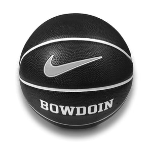 Reverse side of toy basketball with grey and white Nike Swoosh over BOWDOIN in white.