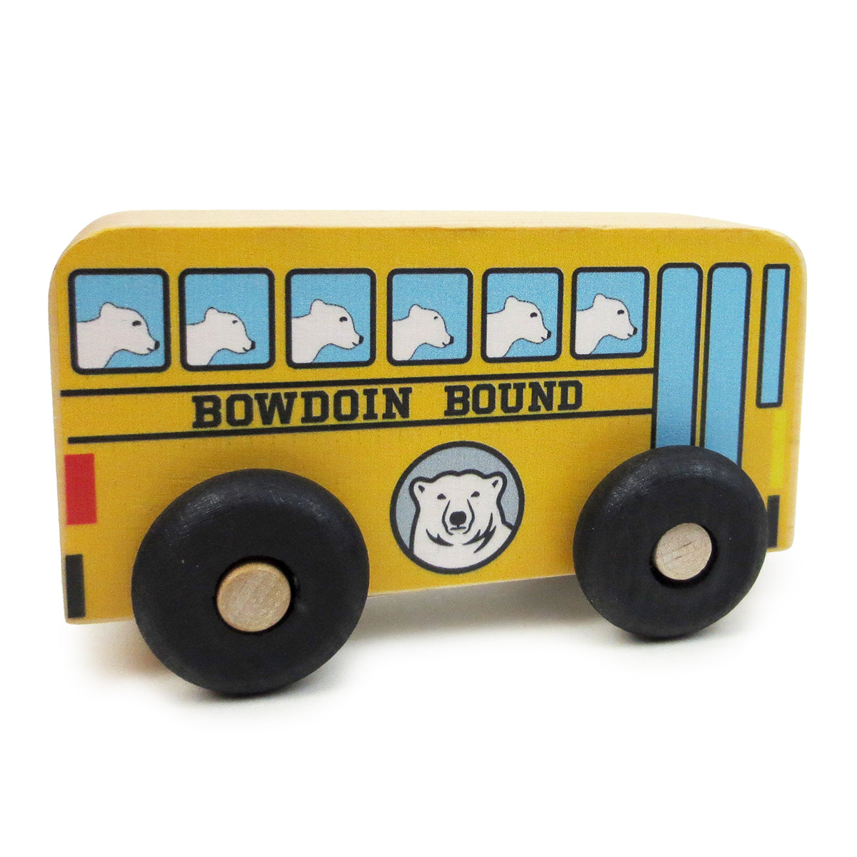 Door side of Bowdoin Bound wooden toy schoolbus.