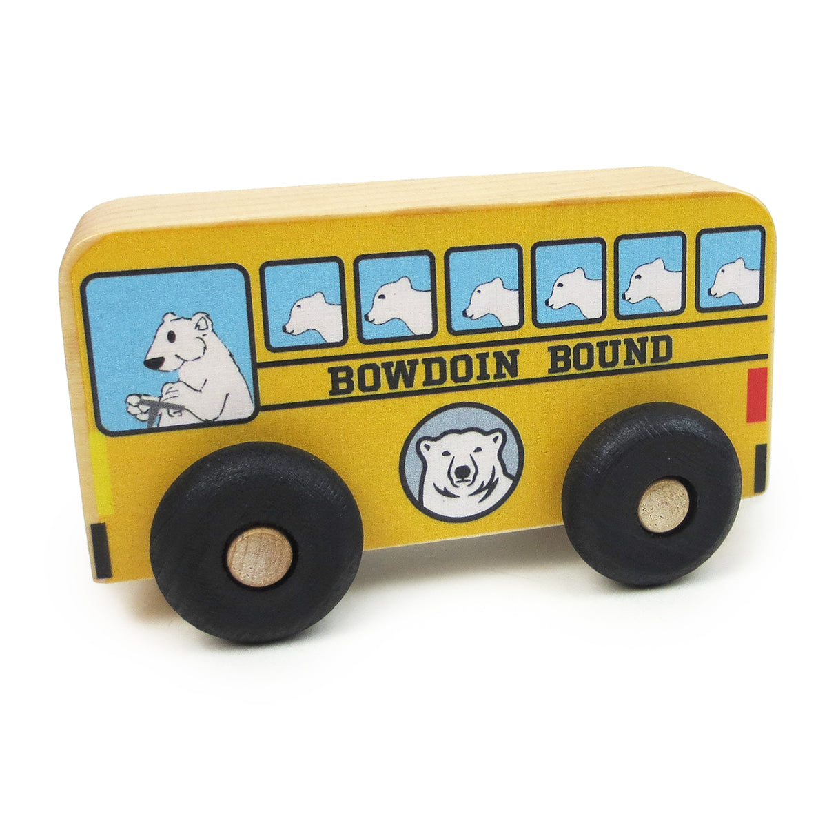 Driver side of Bowdoin Bound wooden toy schoolbus.