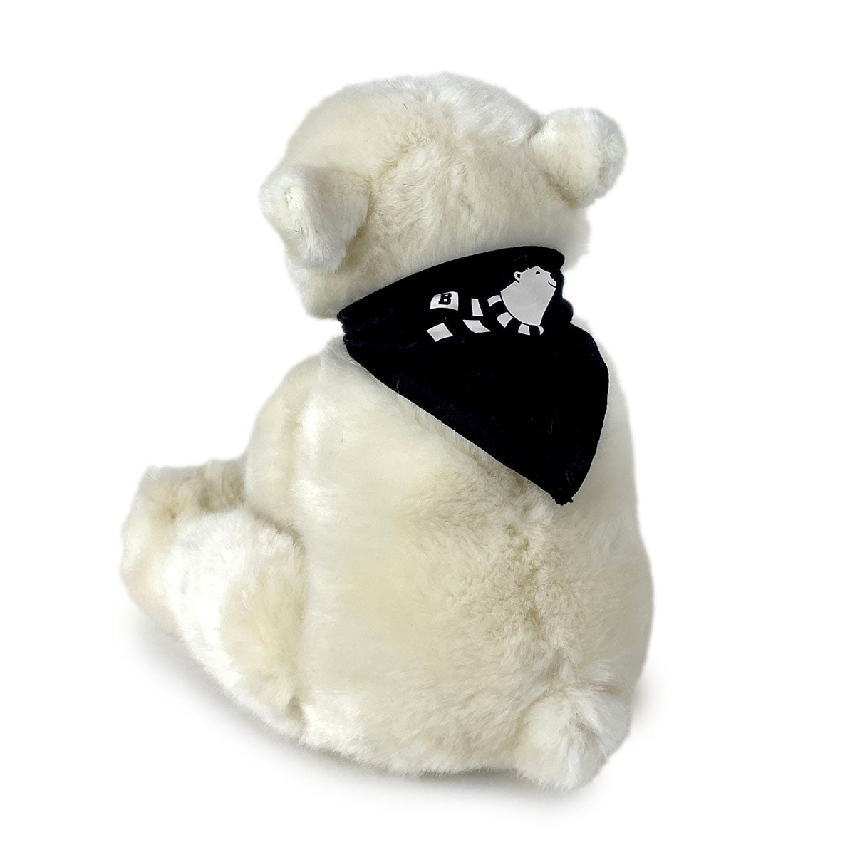 Back of polar bear showing the imprint of a cartoon polar bear in a striped scarf on the bandanna.