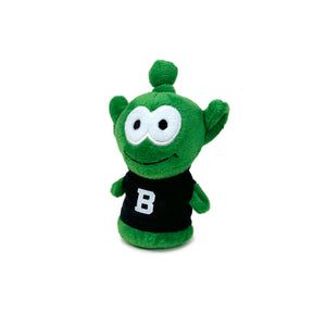 Small plush green space alien with beanbag bottom, wearing a black T-shirt imprinted with a white B.