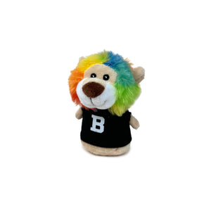 Small plush lion with beanbag bottom with rainbow colored mane, wearing a black T-shirt imprinted with a white B.