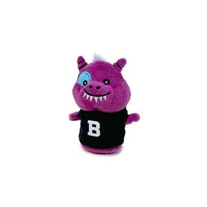 Small plush purple monster with beanbag bottom, wearing a black T-shirt imprinted with a white B.