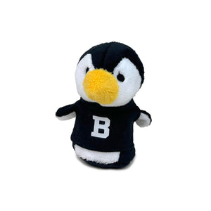 Small plush penguin with beanbag bottom, wearing a black T-shirt imprinted with a white B.