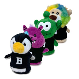 Tiny stuffed penguin, monster, alien, and lion.