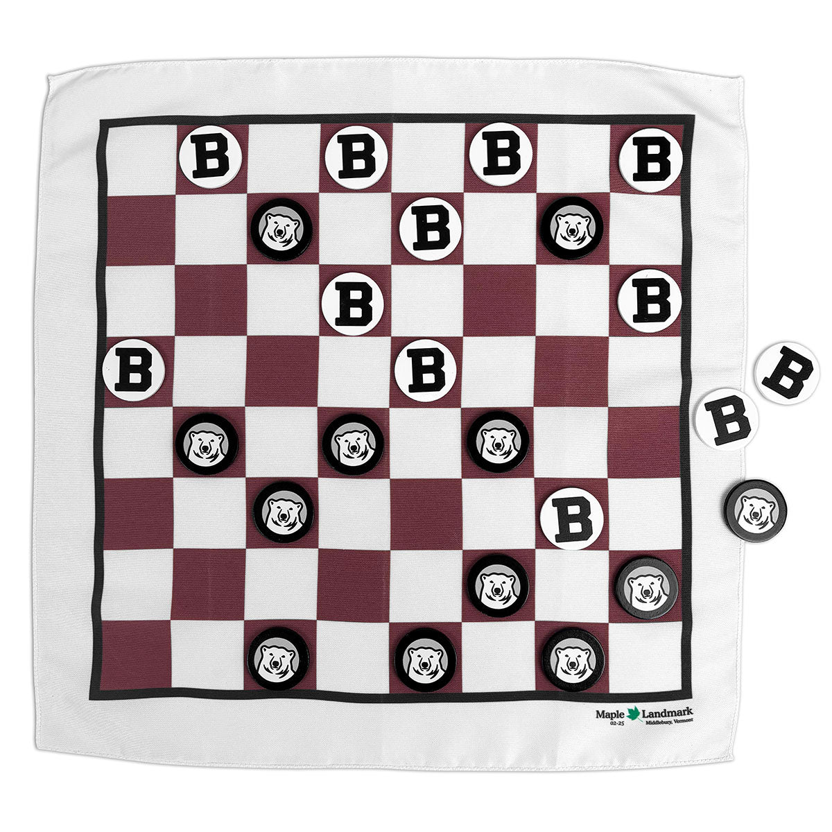 Black and white Bowdoin checkers on a fabric playing mat with red and white squares.
