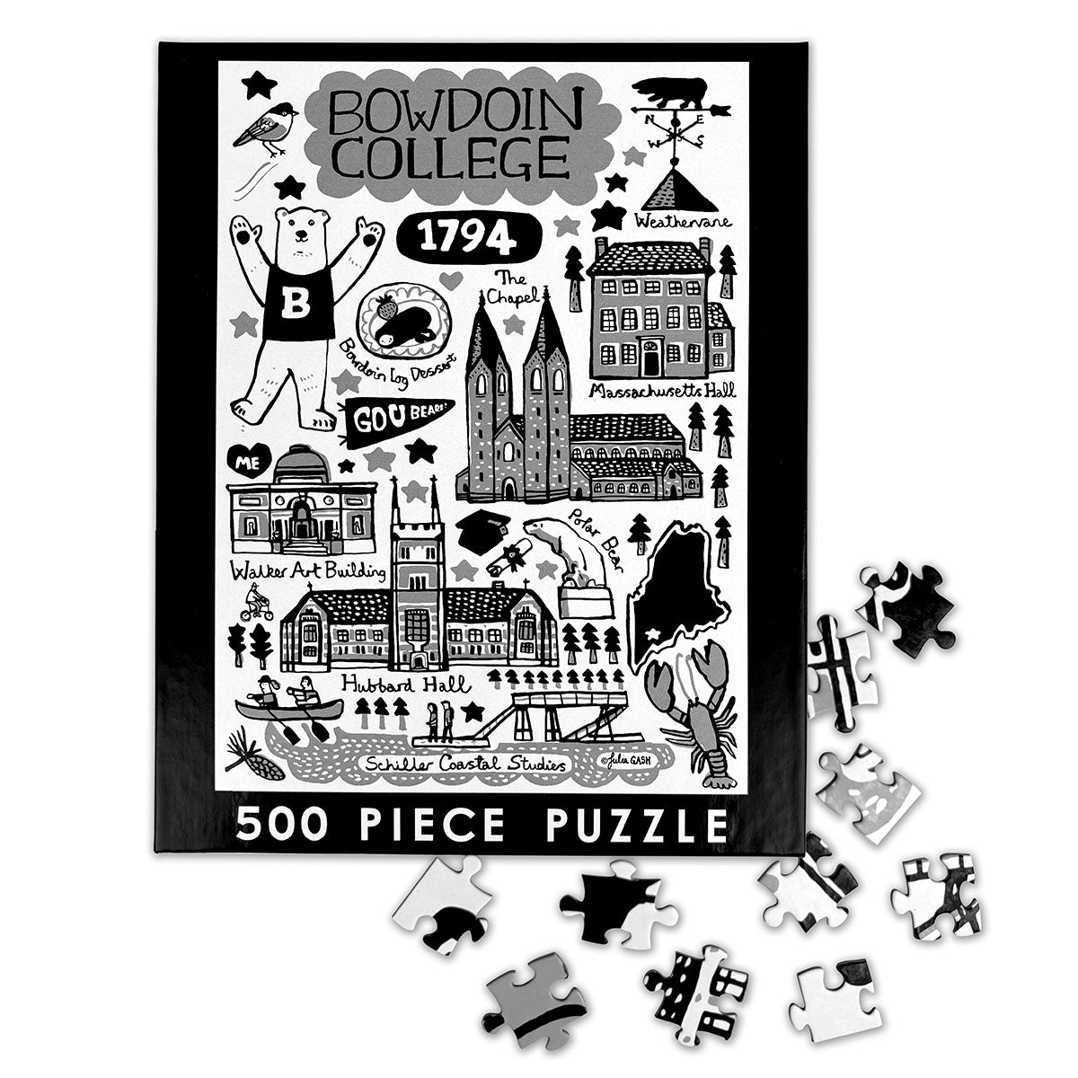 Bowdoin College-themed 500 piece puzzle with pieces scattered on a white background