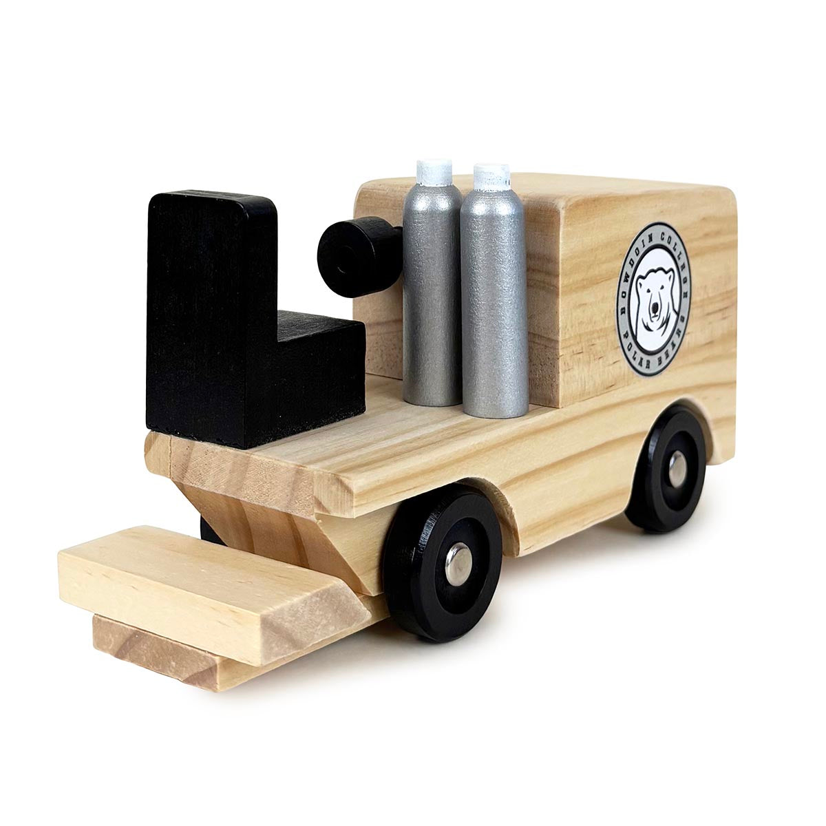 Wooden toy ice resurfacer with black and silver accents on a white background
