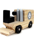 Wooden toy ice resurfacer with black and silver accents on a white background