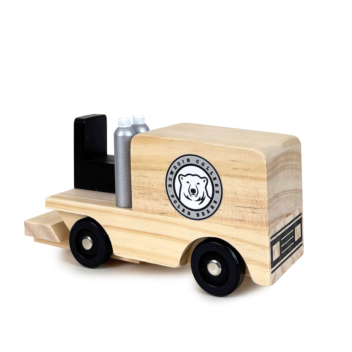 Wooden toy ice resurfacer with a bear logo on a white background
