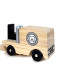 Wooden toy ice resurfacer with a bear logo on a white background