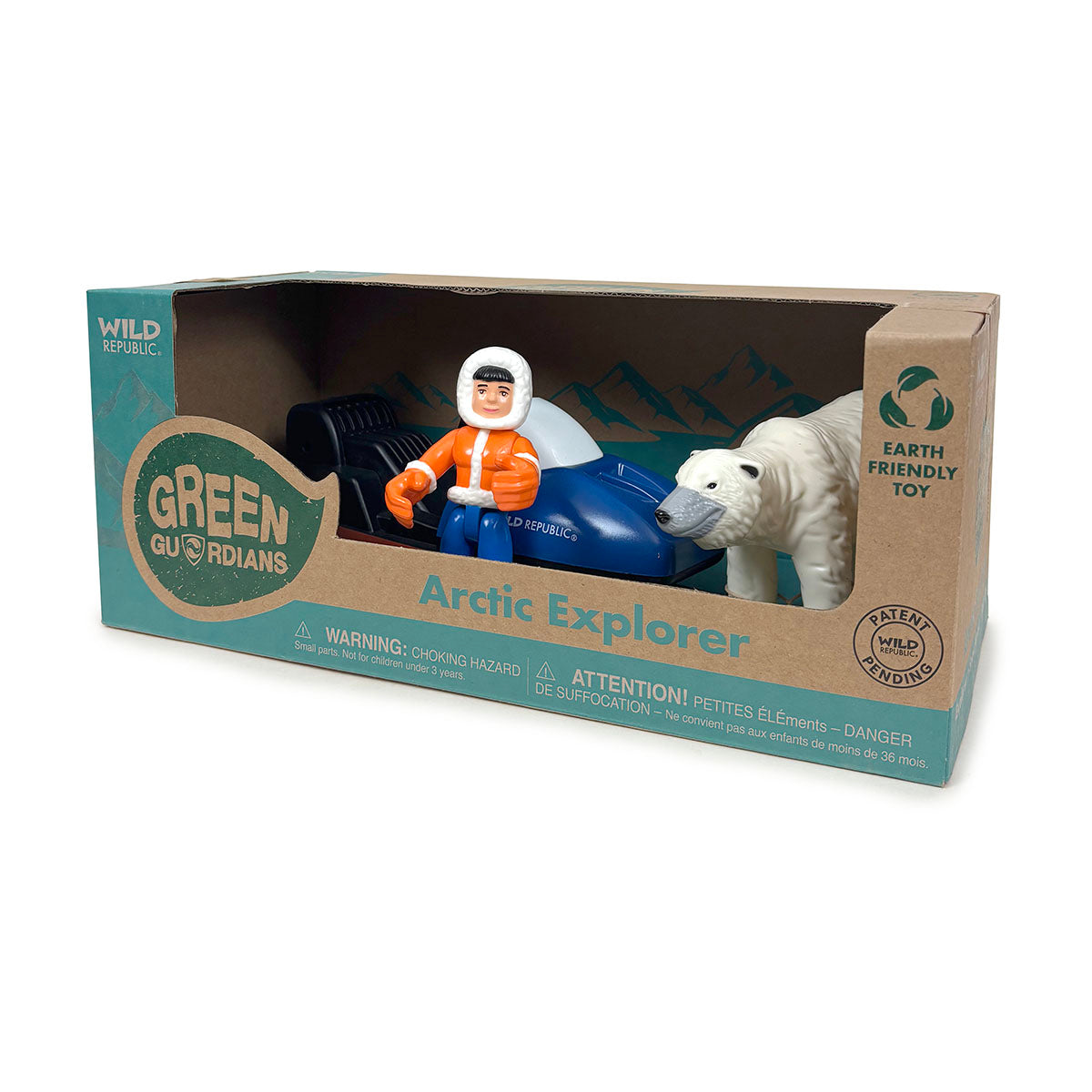 Toy set with snow mobilie, Arctic Explorer figure, and polar bear in a Green Guardians packaging on a white background