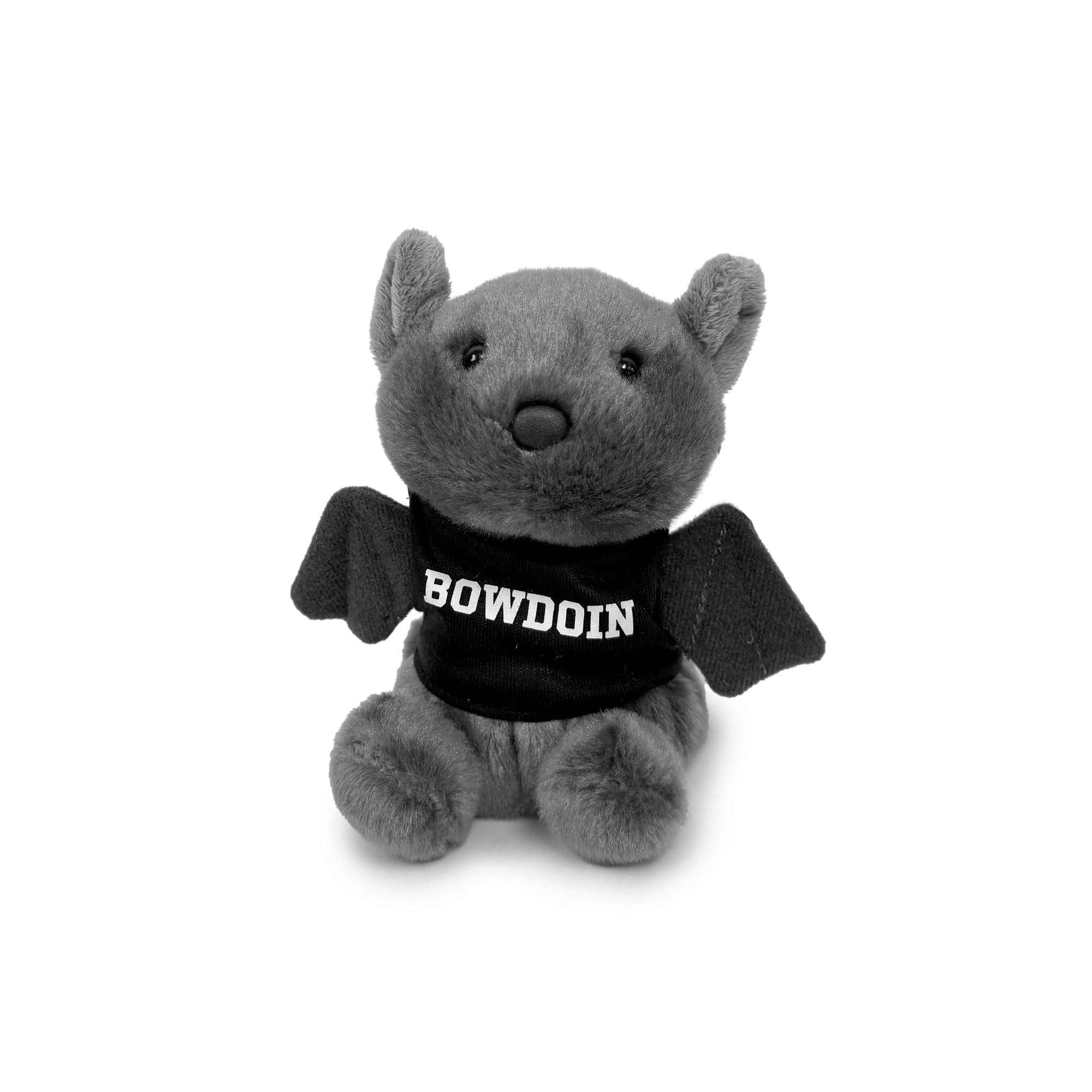 Plush bat toy wearing a black shirt with 'BOWDOIN' text on a white background