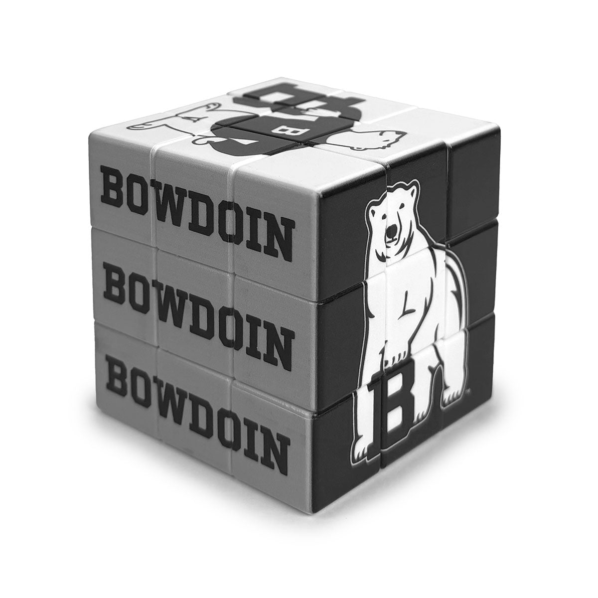 Rubik's-type puzzle cube with Bowdoin College logo on a white background