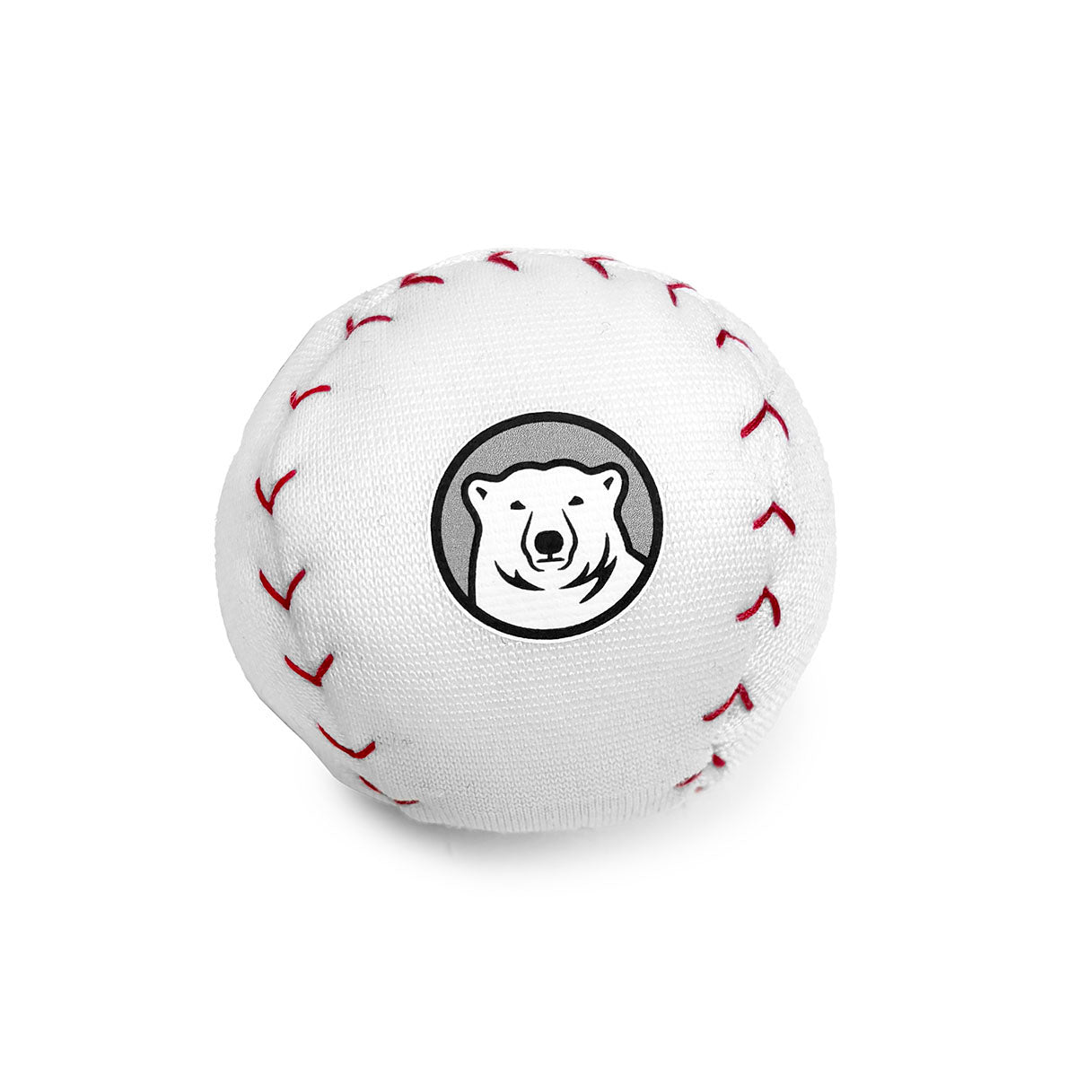 Stuffed white baseball with red stitching featuring a bear logo on a white background
