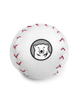 Stuffed white baseball with red stitching featuring a bear logo on a white background