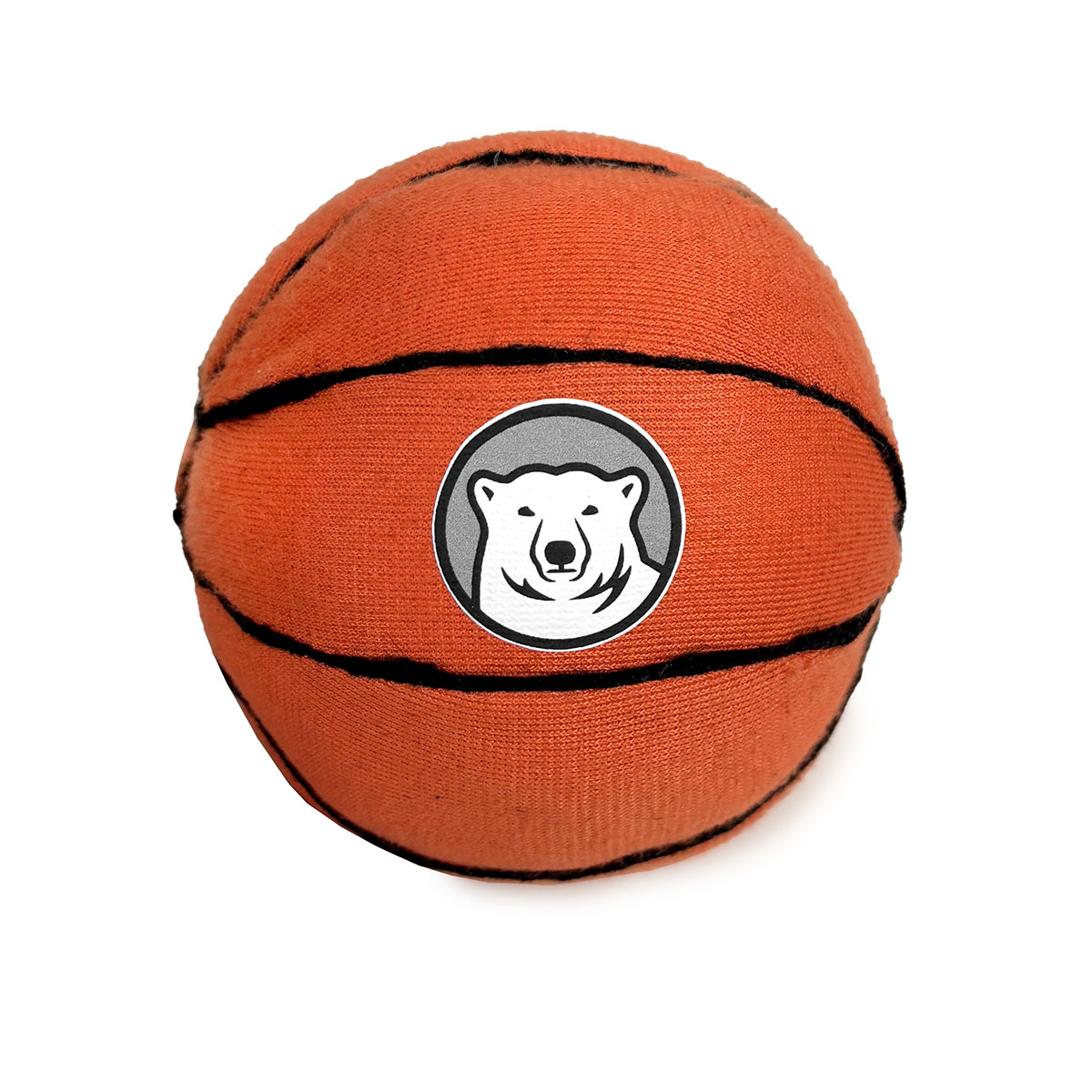 Stuffed basketball with a bear logo on a white background