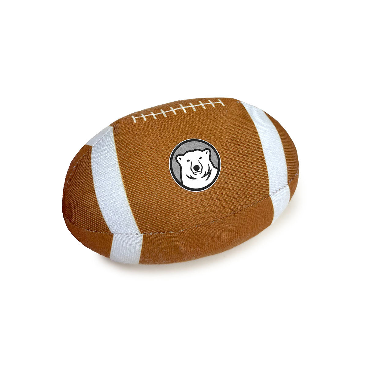 Brown and white football-shaped toy with a bear logo on a white background