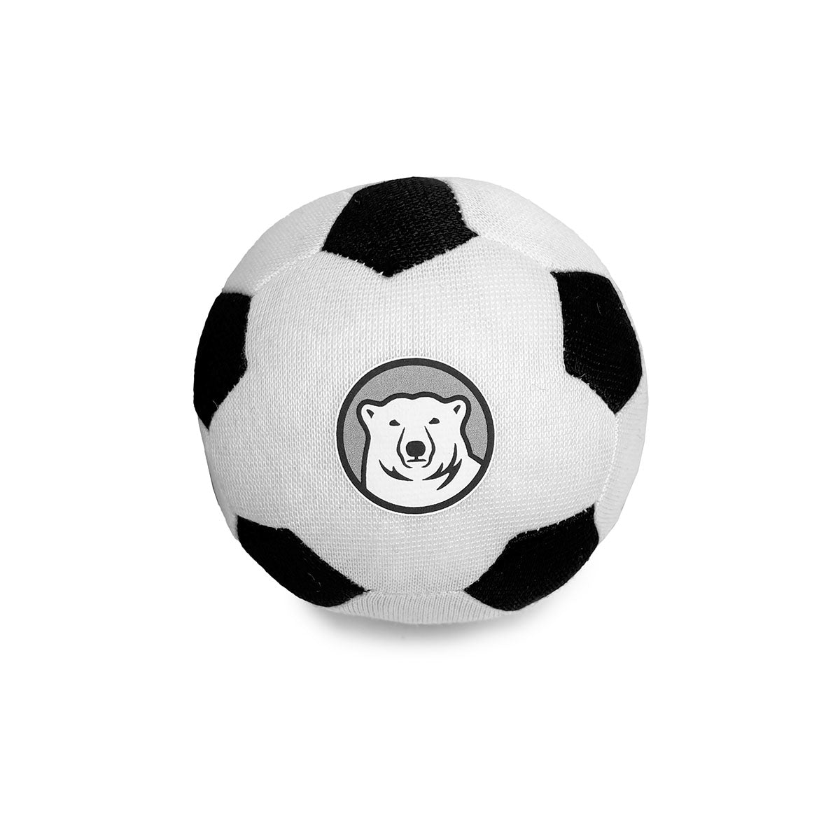 Black and white stuffed soccer ball with a bear logo in the center on a white background