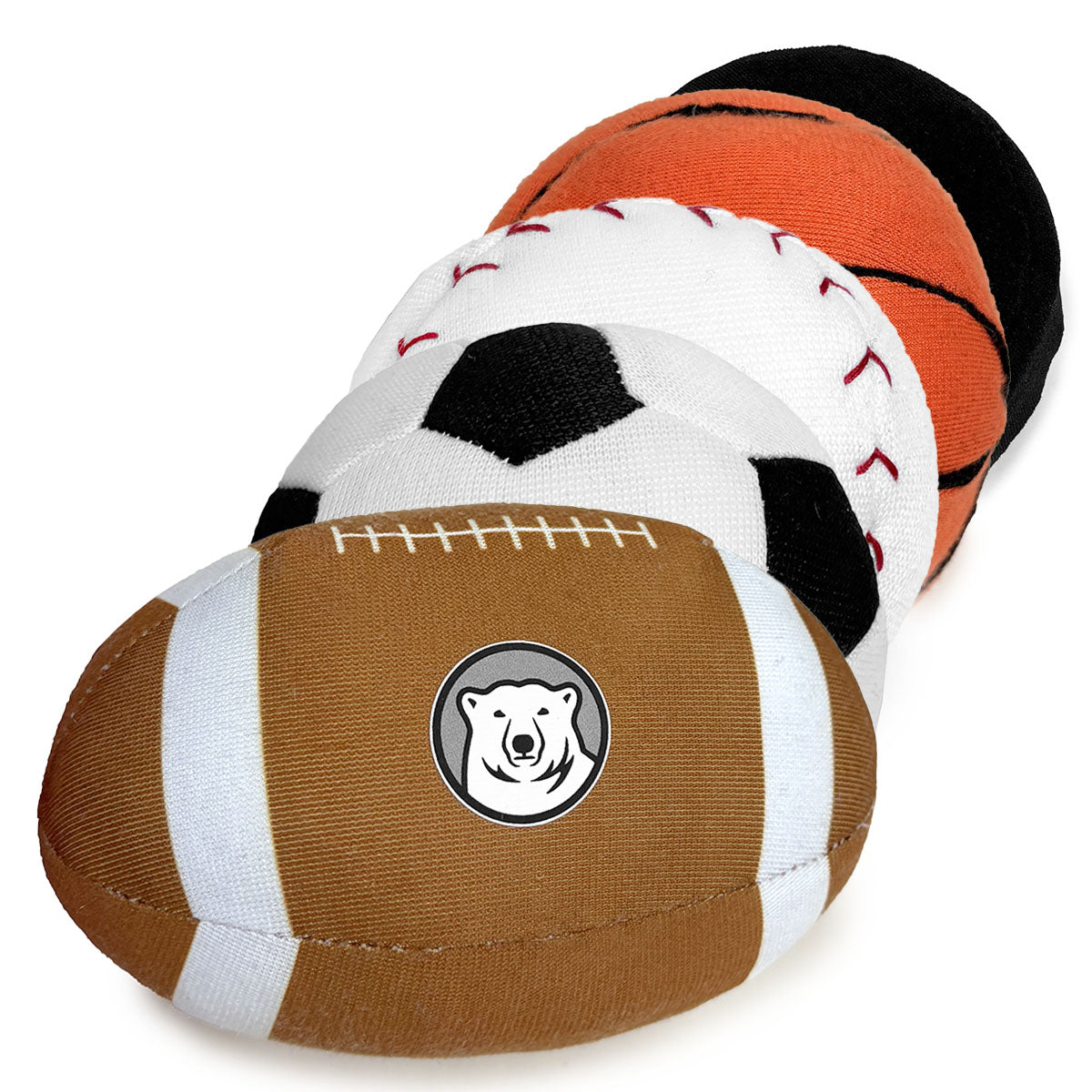 Set of five sports-themed stuffed toys including a football, soccer ball, basketball, baseball, and hockey puck on a white background.