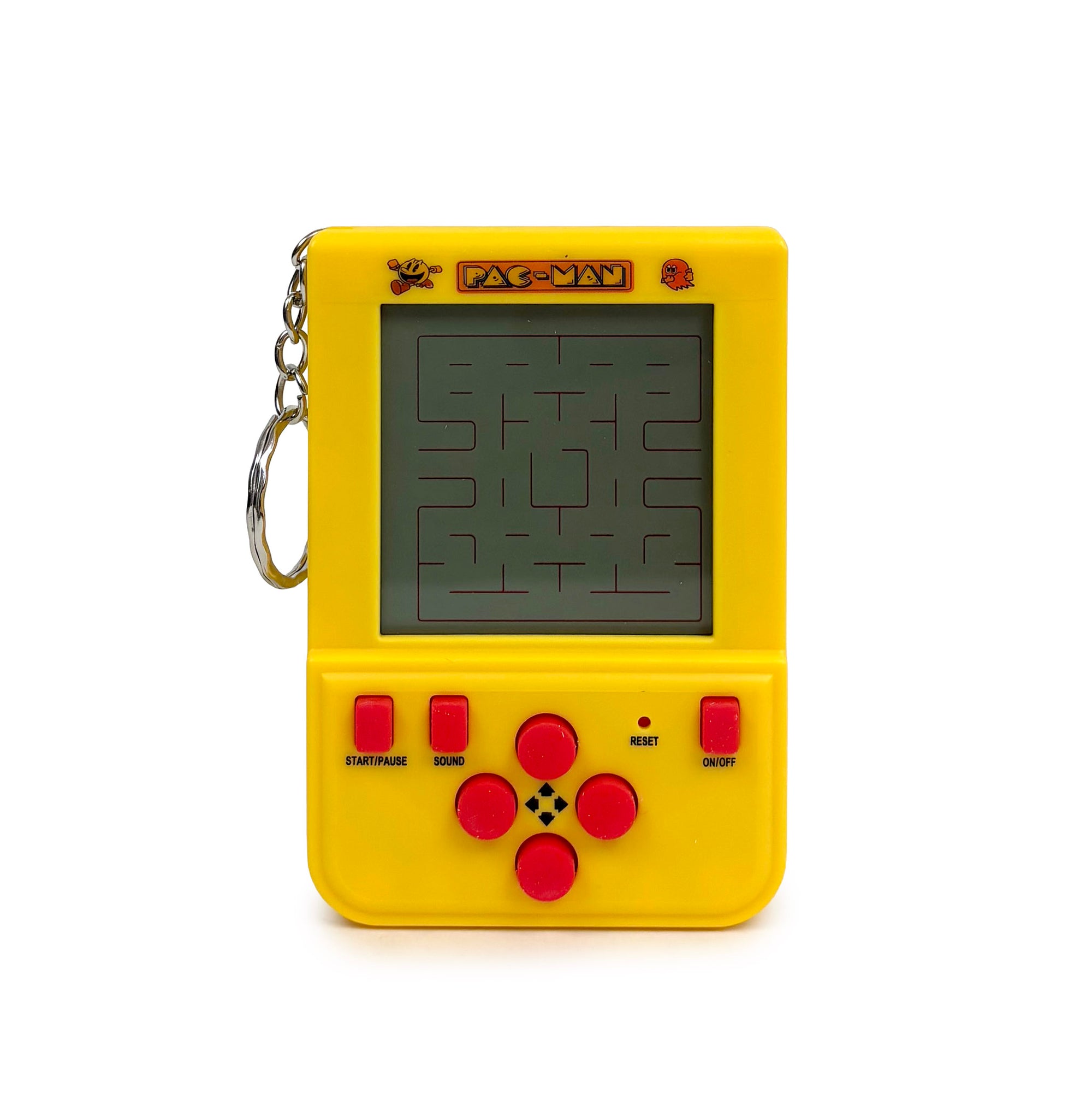Yellow handheld Pac-Man game keychain with red buttons on a white background