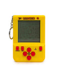Yellow handheld Pac-Man game keychain with red buttons on a white background