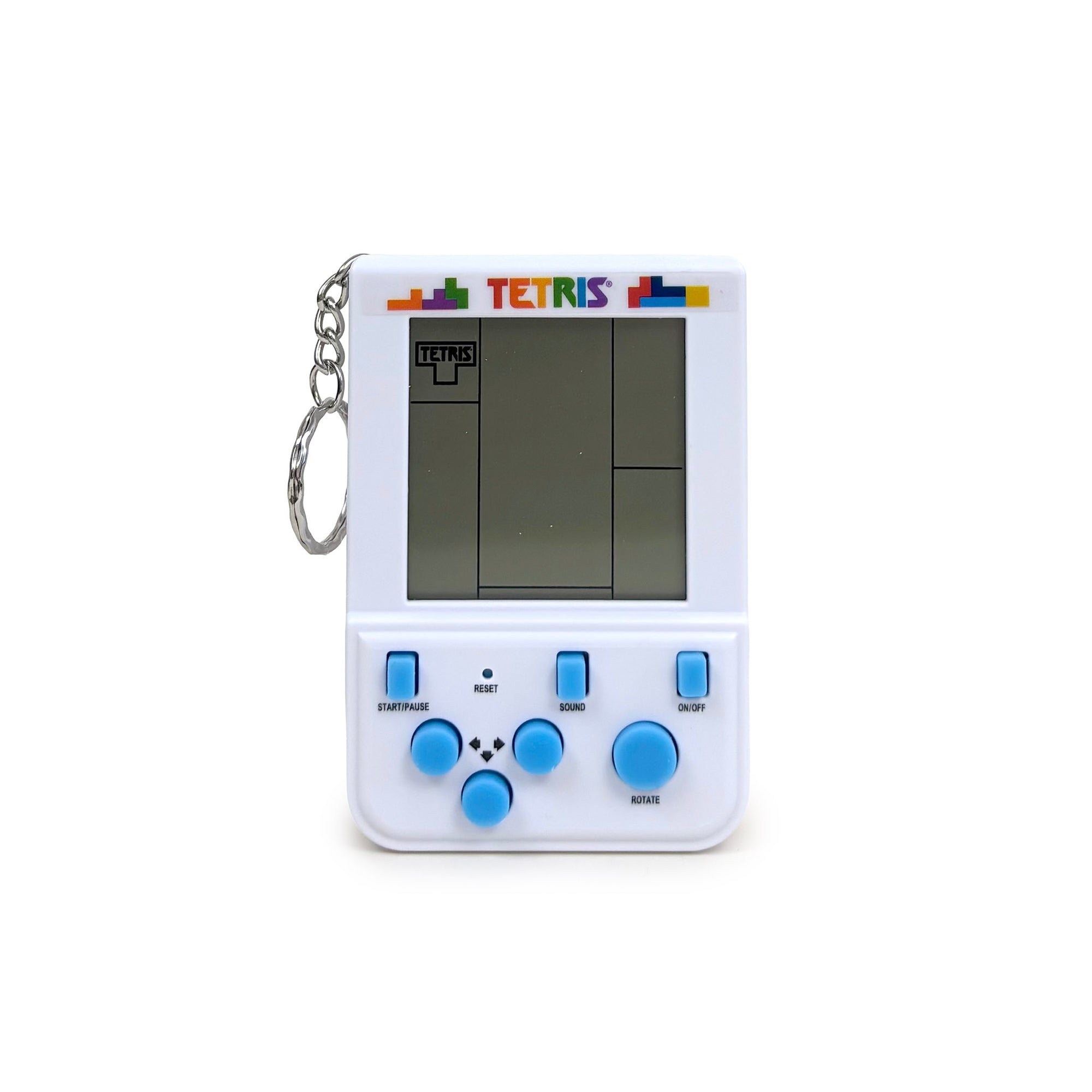 Tetris electronic game keychain with screen and buttons on a white background