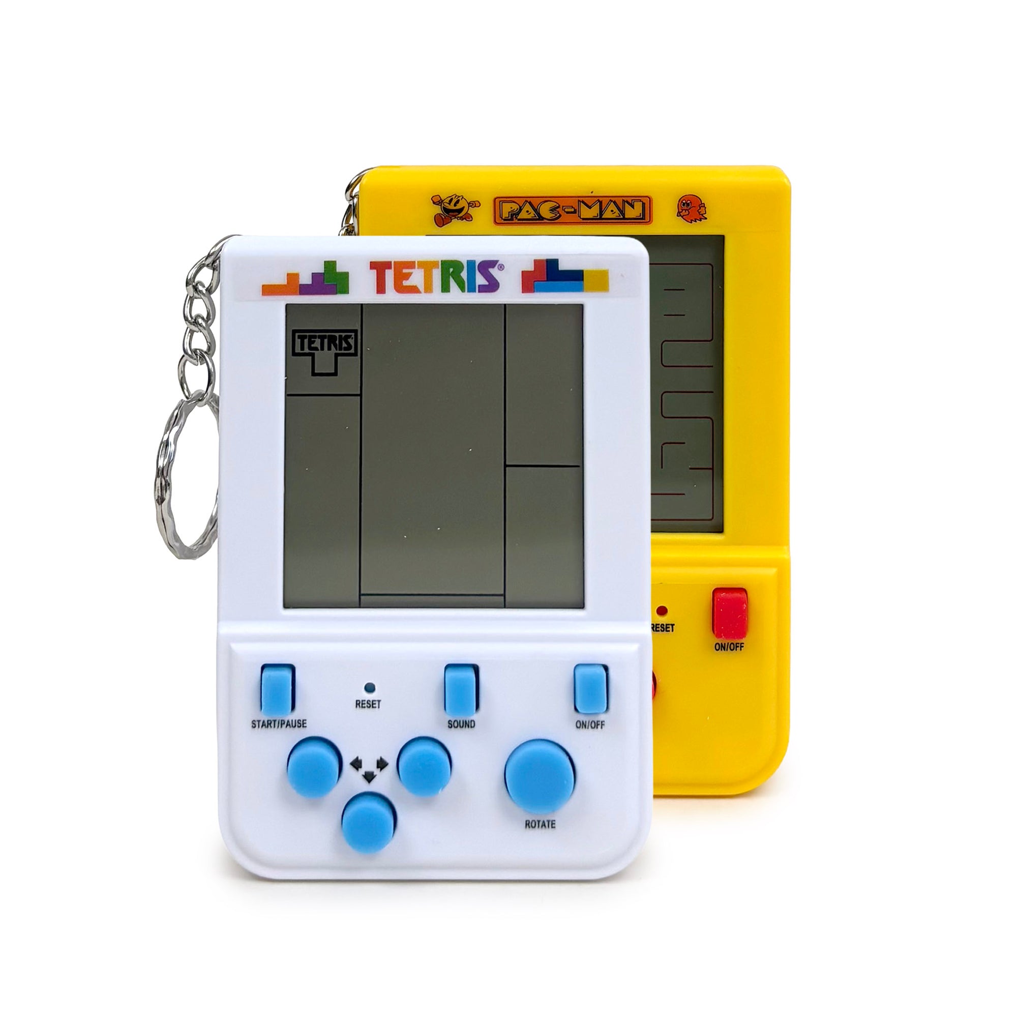 Handheld electronic games with Tetris and Pac-Man branding on a white background