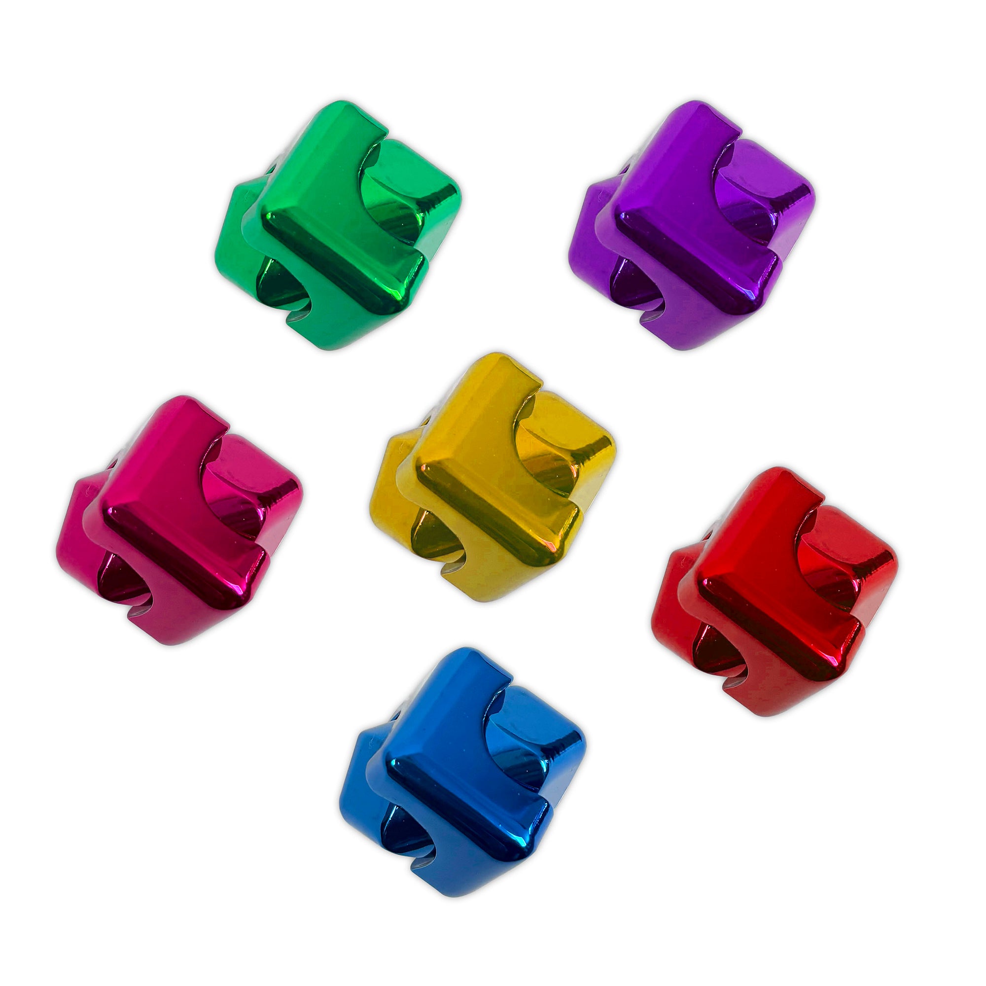 Set of six colorful metal cubes on a white background